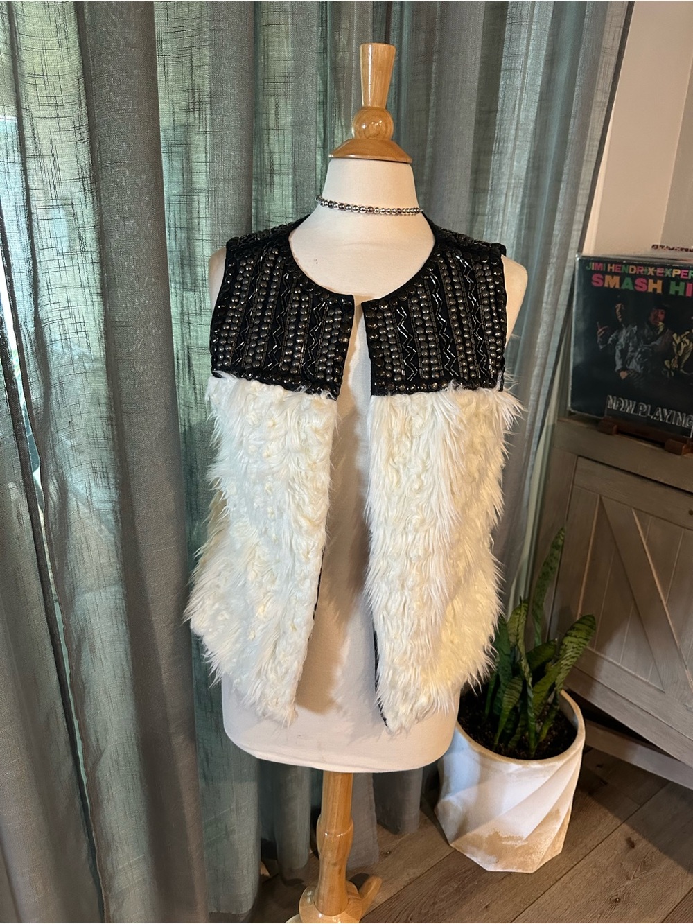 Beaded Black Collar White Faux Fur Vest